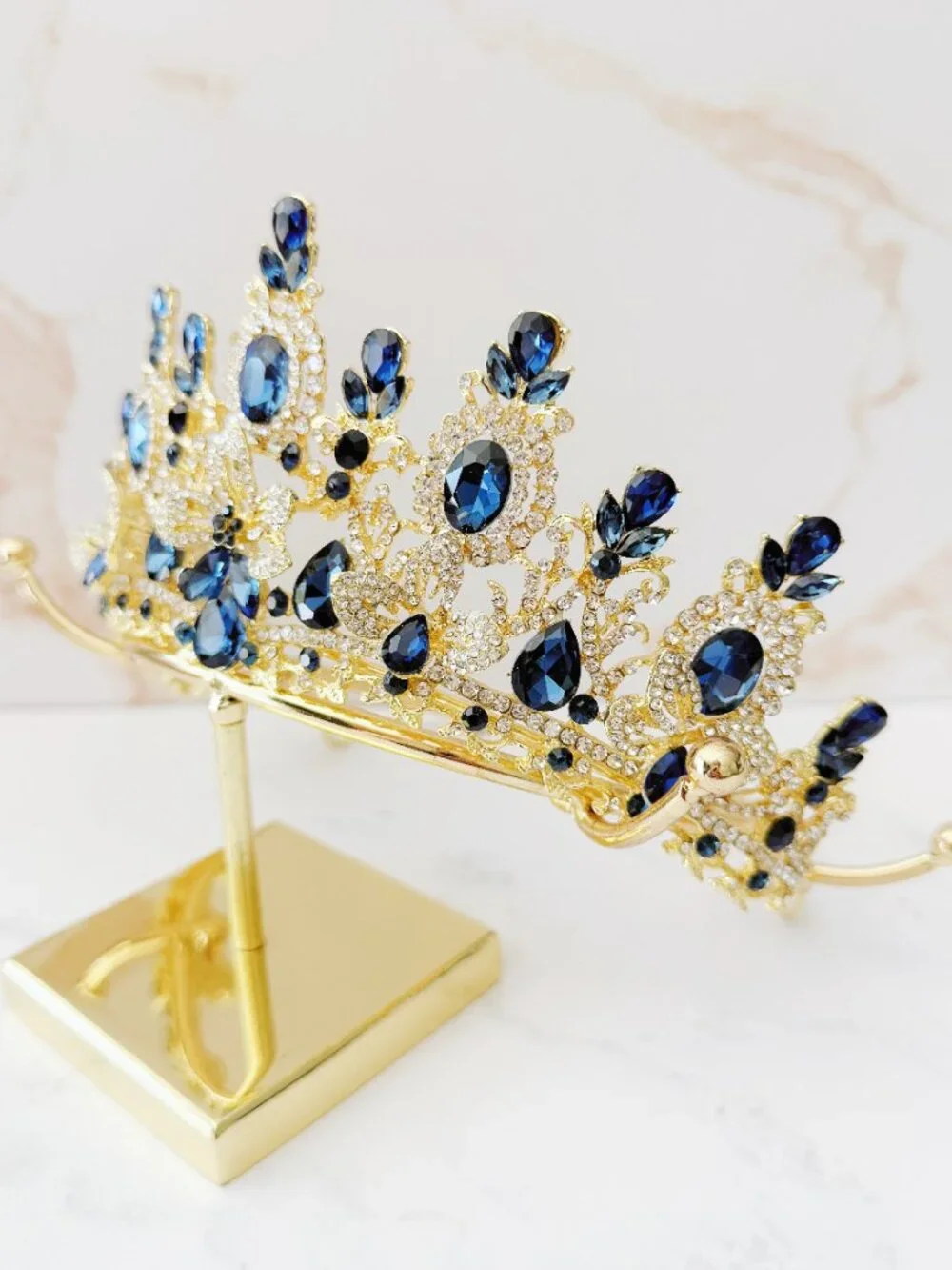 Blue Crystal Flower Tiara Crown Gold Bridal Wedding Pageant Prom Queen Headpiece